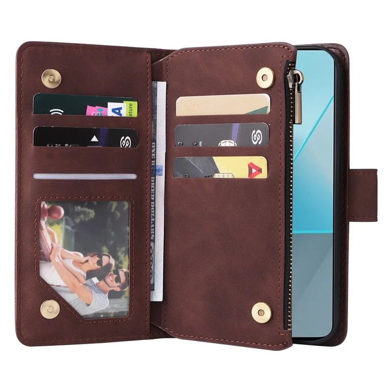 For Xiaomi Redmi Note 13 Pro 5G / Poco X6 5G PU Leather Wallet Mobile Phone Cover Case with Multiple Card Slots - Coffee