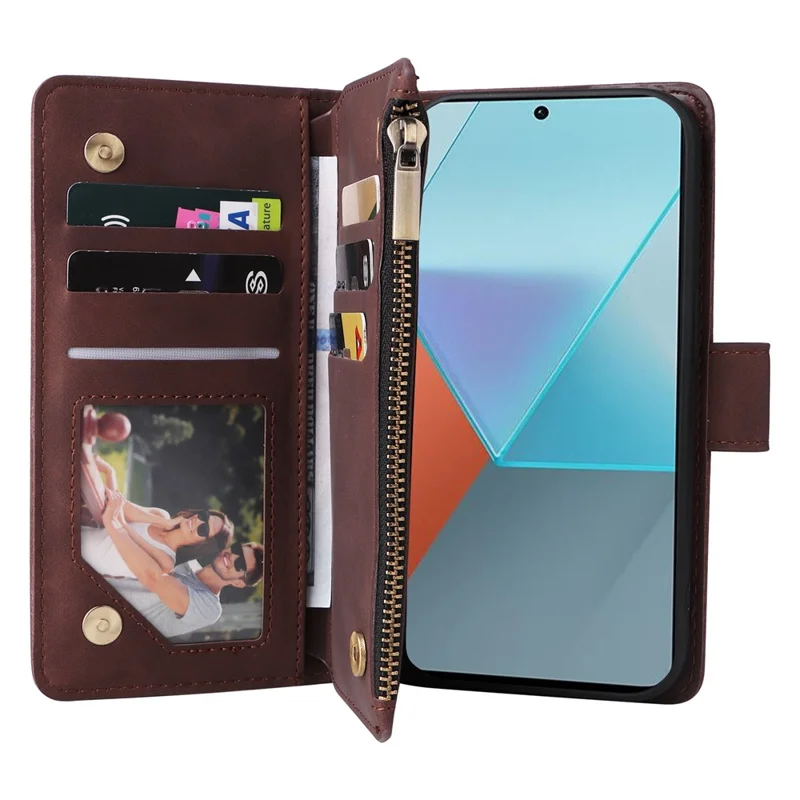 For Xiaomi Redmi Note 13 Pro 5G / Poco X6 5G PU Leather Wallet Mobile Phone Cover Case with Multiple Card Slots - Coffee