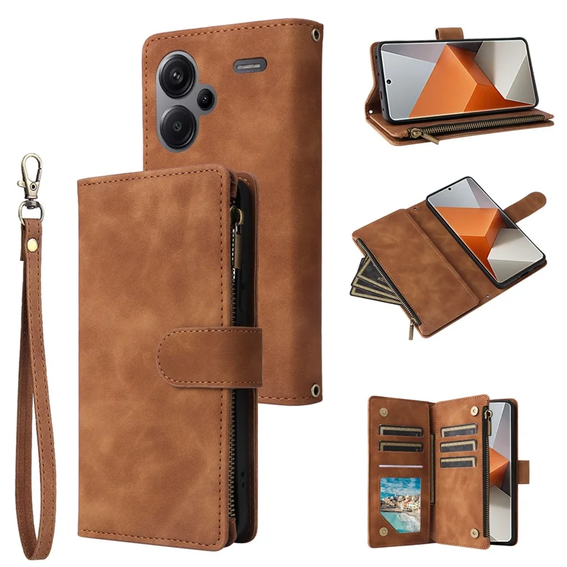 Para Xiaomi Redmi Note 13 Pro+ 5G Zipper Pocket Phone Case PU Leather Protection Stand Cover - Brown