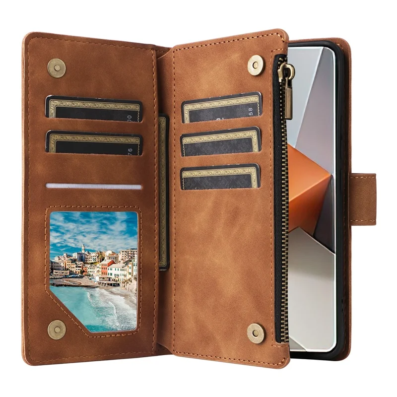 Para Xiaomi Redmi Note 13 Pro+ 5G Zipper Pocket Phone Case PU Leather Protection Stand Cover - Brown