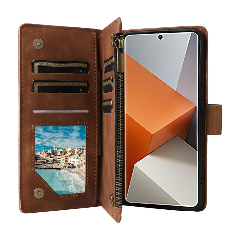 Para Xiaomi Redmi Note 13 Pro+ 5G Zipper Pocket Phone Case PU Leather Protection Stand Cover - Brown