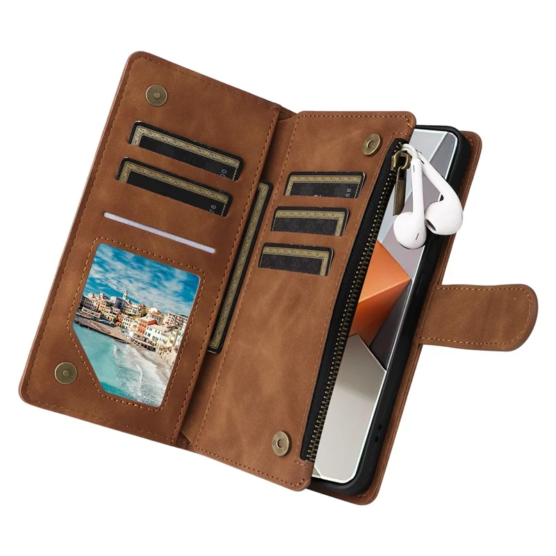 Para Xiaomi Redmi Note 13 Pro+ 5G Zipper Pocket Phone Case PU Leather Protection Stand Cover - Brown