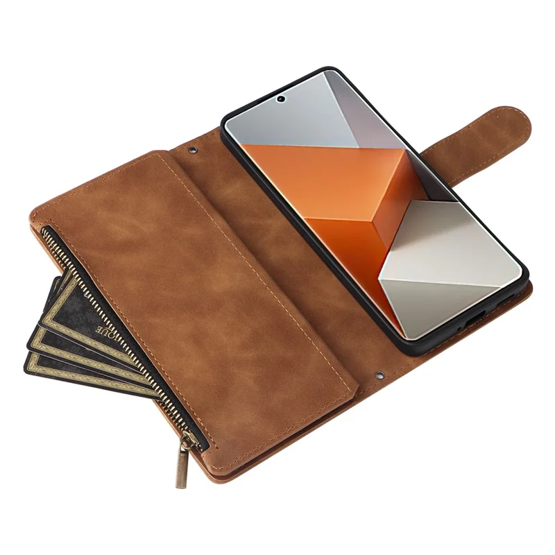 Para Xiaomi Redmi Note 13 Pro+ 5G Zipper Pocket Phone Case PU Leather Protection Stand Cover - Brown