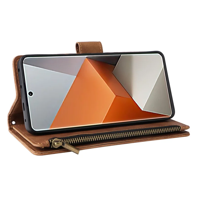 Para Xiaomi Redmi Note 13 Pro+ 5G Zipper Pocket Phone Case PU Leather Protection Stand Cover - Brown