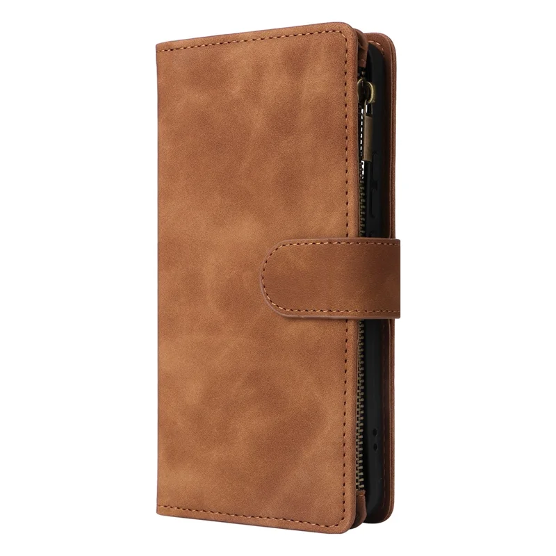 Para Xiaomi Redmi Note 13 Pro+ 5G Zipper Pocket Phone Case PU Leather Protection Stand Cover - Brown