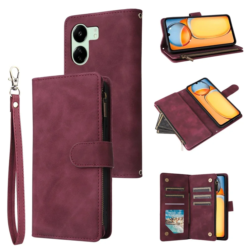 For Xiaomi Poco C65 4G / Redmi 13C 4G / 5G Cell Phone Case Multiple Card Slots Leather Protection Cover - Wine Red