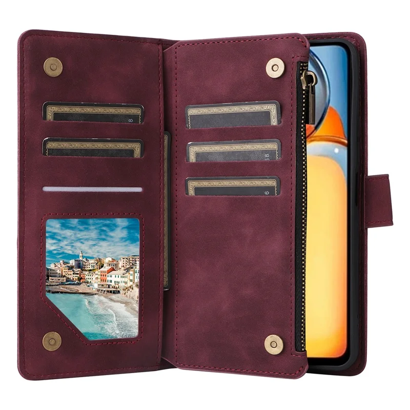 For Xiaomi Poco C65 4G / Redmi 13C 4G / 5G Cell Phone Case Multiple Card Slots Leather Protection Cover - Wine Red