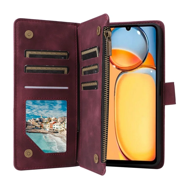 For Xiaomi Poco C65 4G / Redmi 13C 4G / 5G Cell Phone Case Multiple Card Slots Leather Protection Cover - Wine Red