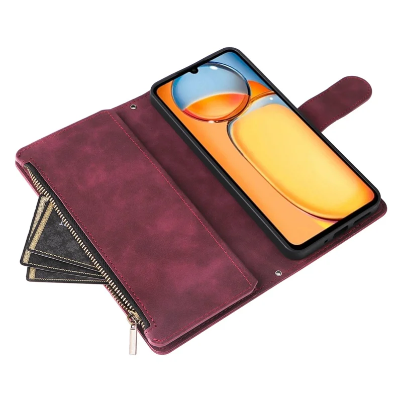 For Xiaomi Poco C65 4G / Redmi 13C 4G / 5G Cell Phone Case Multiple Card Slots Leather Protection Cover - Wine Red
