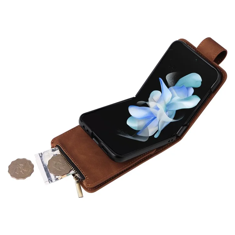 Funda de teléfono para Samsung Galaxy Z Flip5 5G con cremallera, cartera de cuero y correas larga y corta - Marrón
