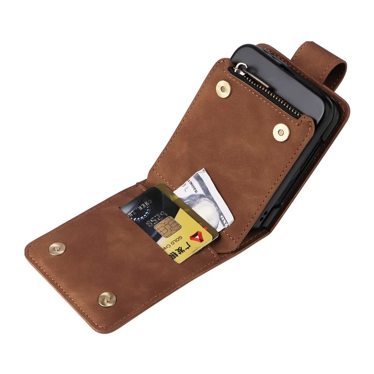 Funda de teléfono para Samsung Galaxy Z Flip5 5G con cremallera, cartera de cuero y correas larga y corta - Marrón