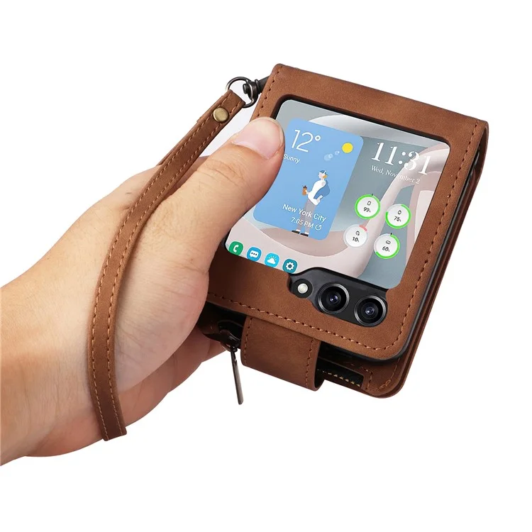 Funda de teléfono para Samsung Galaxy Z Flip5 5G con cremallera, cartera de cuero y correas larga y corta - Marrón