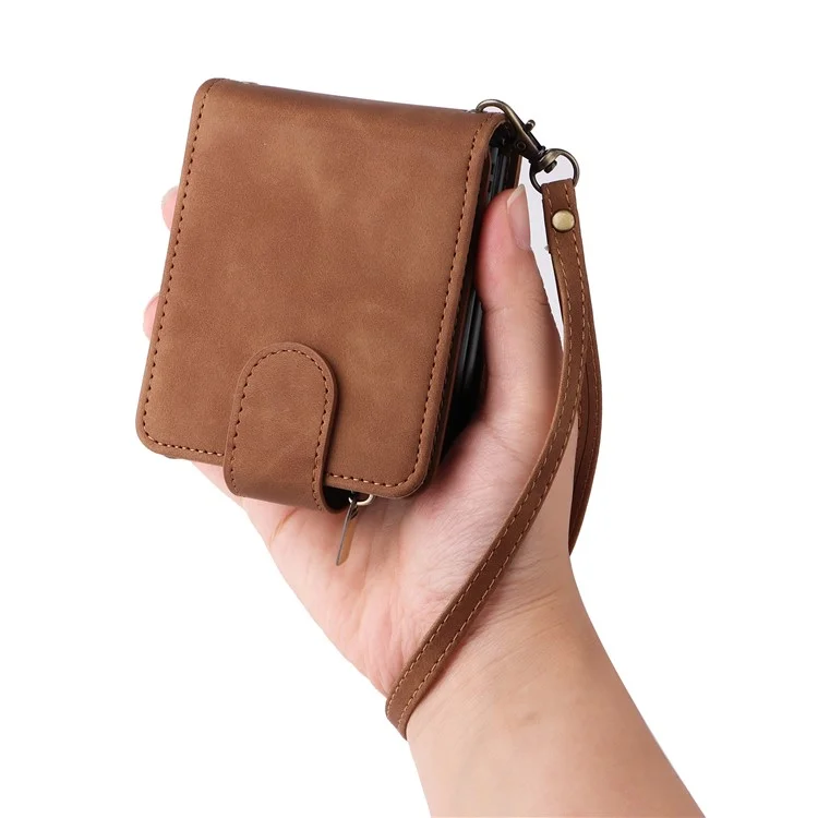 Funda de teléfono para Samsung Galaxy Z Flip5 5G con cremallera, cartera de cuero y correas larga y corta - Marrón