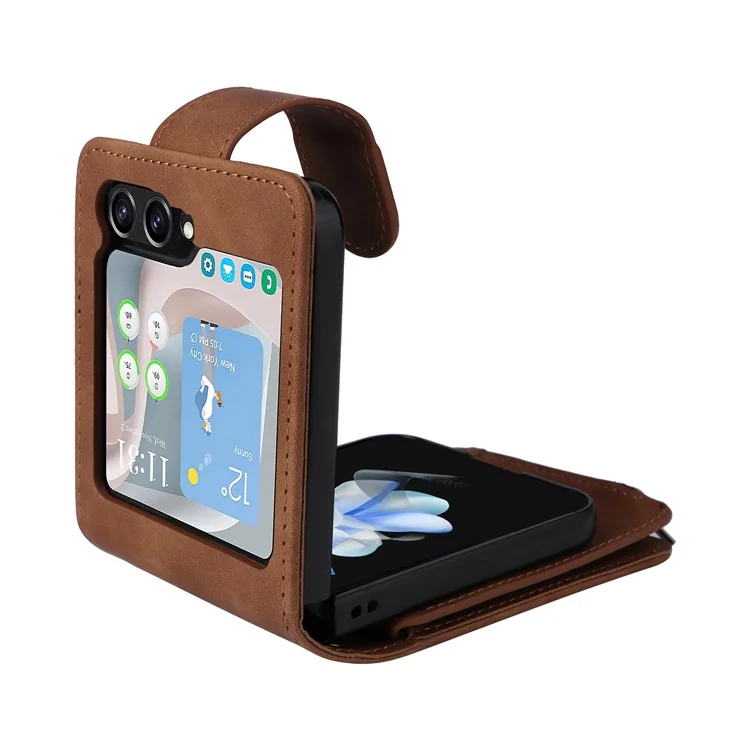 Funda de teléfono para Samsung Galaxy Z Flip5 5G con cremallera, cartera de cuero y correas larga y corta - Marrón