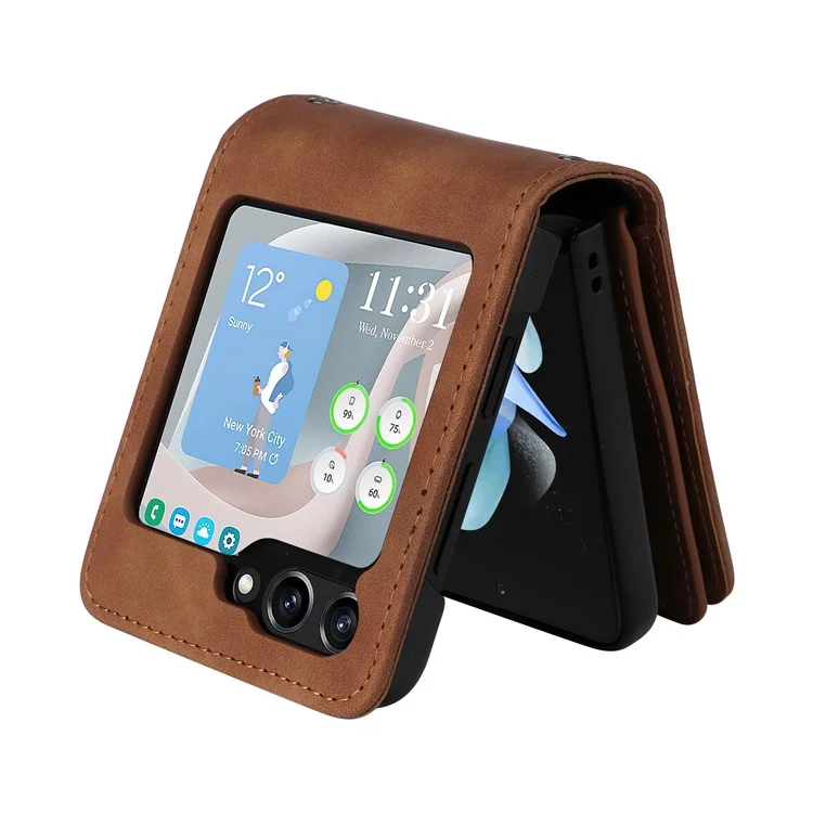 Funda de teléfono para Samsung Galaxy Z Flip5 5G con cremallera, cartera de cuero y correas larga y corta - Marrón
