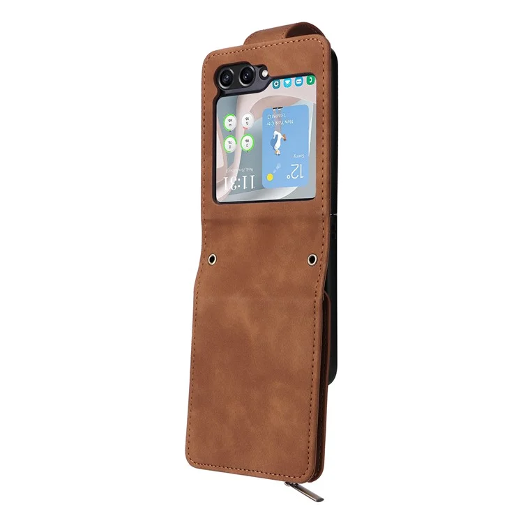 Funda de teléfono para Samsung Galaxy Z Flip5 5G con cremallera, cartera de cuero y correas larga y corta - Marrón