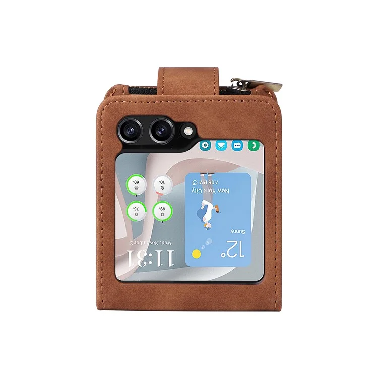 Funda de teléfono para Samsung Galaxy Z Flip5 5G con cremallera, cartera de cuero y correas larga y corta - Marrón