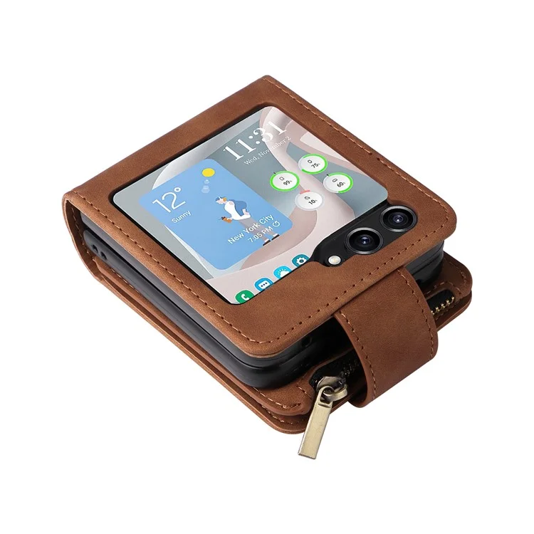 Funda de teléfono para Samsung Galaxy Z Flip5 5G con cremallera, cartera de cuero y correas larga y corta - Marrón