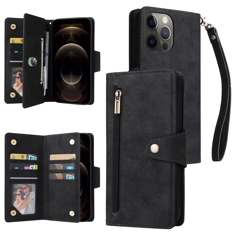 For iPhone 12 Pro Max Case Rivet Decor PU Leather Wallet Flip Phone Cover - Black