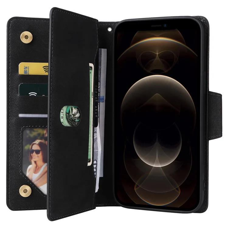 For iPhone 12 Pro Max Case Rivet Decor PU Leather Wallet Flip Phone Cover - Black