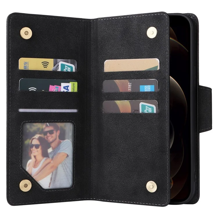 For iPhone 12 Pro Max Case Rivet Decor PU Leather Wallet Flip Phone Cover - Black