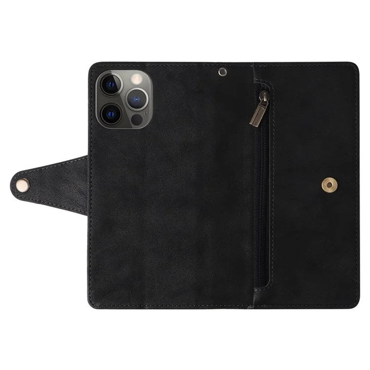 For iPhone 12 Pro Max Case Rivet Decor PU Leather Wallet Flip Phone Cover - Black