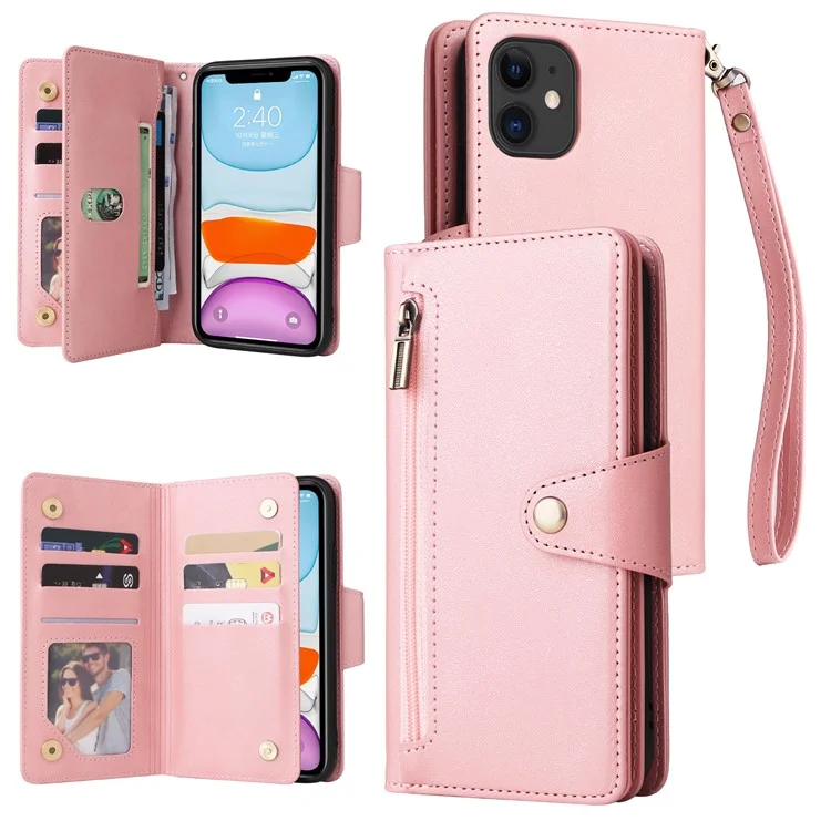 Custodia per iPhone 11 in pelle PU con supporto e decorazione a rivetto - Oro rosa