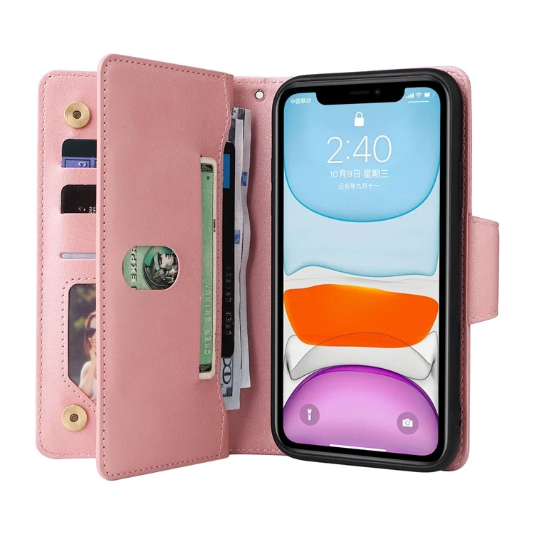 Custodia per iPhone 11 in pelle PU con supporto e decorazione a rivetto - Oro rosa