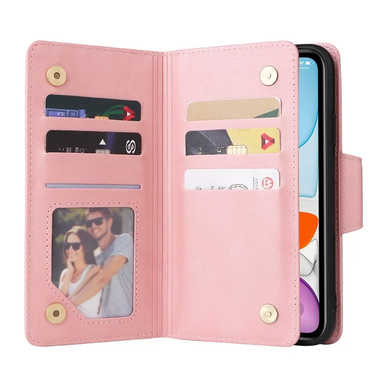 Custodia per iPhone 11 in pelle PU con supporto e decorazione a rivetto - Oro rosa