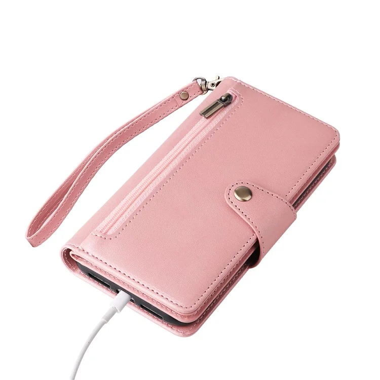 Custodia per iPhone 11 in pelle PU con supporto e decorazione a rivetto - Oro rosa
