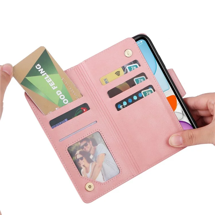 Custodia per iPhone 11 in pelle PU con supporto e decorazione a rivetto - Oro rosa