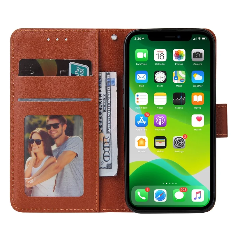 For iPhone 13 mini Case PU Leather Phone Cover with Card Slots Wallet - Brown