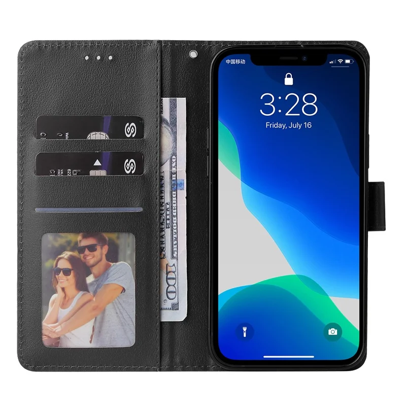 For iPhone 13 Pro Max Case with 3 Card Slots PU Leather Wallet Stand Phone Cover - Black