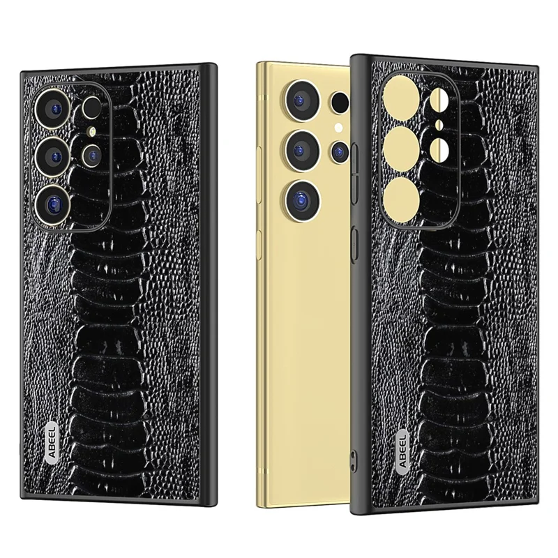 ABEEL Para Samsung Galaxy S24 Ultra Case Textura de Crocodilo Couro Genuíno de Vaca+PC+TPU Capa - Preto