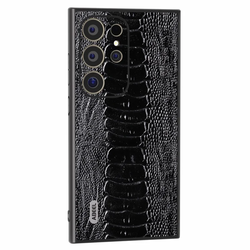 ABEEL Para Samsung Galaxy S24 Ultra Case Textura de Crocodilo Couro Genuíno de Vaca+PC+TPU Capa - Preto