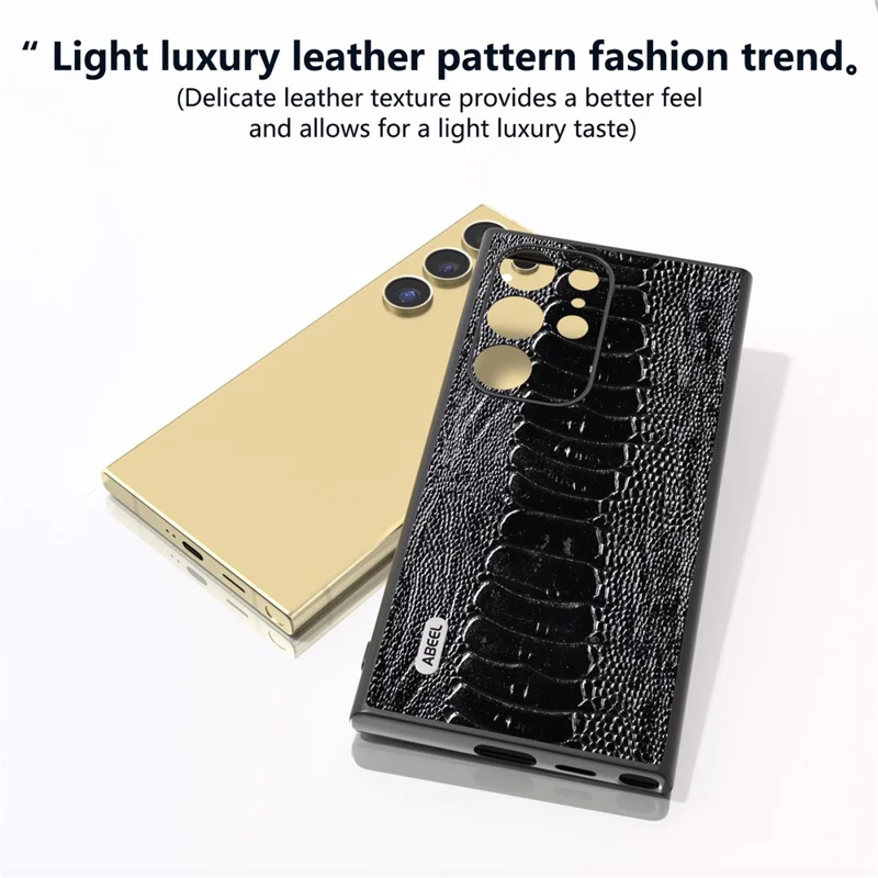 ABEEL Para Samsung Galaxy S24 Ultra Case Textura de Crocodilo Couro Genuíno de Vaca+PC+TPU Capa - Preto