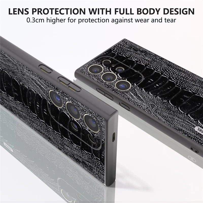 ABEEL Para Samsung Galaxy S24 Ultra Case Textura de Crocodilo Couro Genuíno de Vaca+PC+TPU Capa - Preto