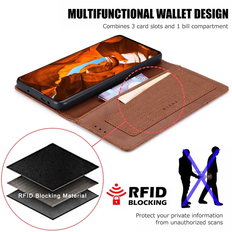 MUXMA MX109 For Xiaomi 14 Magnetic Phone Case RFID Blocking Stand Cover - Brown