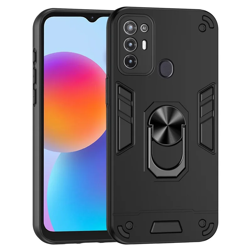 For ZTE Blade A52 Case PC+TPU Armor Phone Cover with Car Mount Kickstand - Black