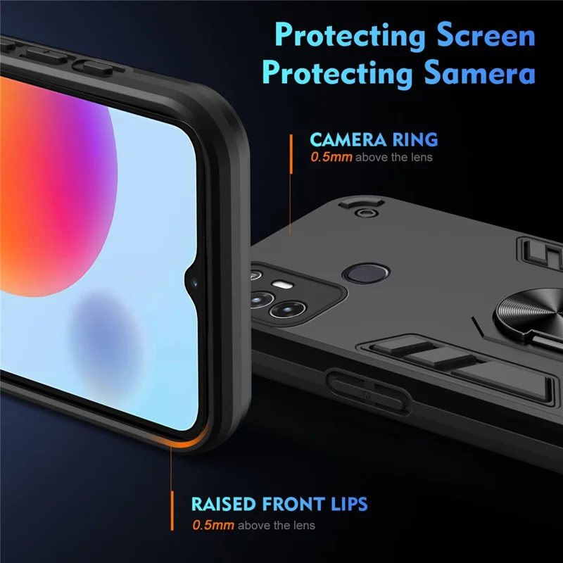 For ZTE Blade A52 Case PC+TPU Armor Phone Cover with Car Mount Kickstand - Black