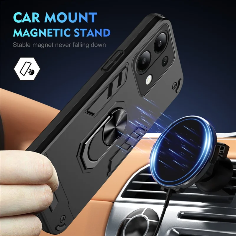 For Xiaomi Redmi Note 13 4G Case PC+TPU Shock-Absorption Phone Cover Support Magnetic Car Mount - Black