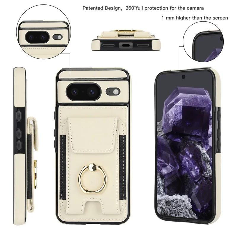 For Google Pixel 8 Case Ring Holder PU Leather+TPU Card Holder Phone Cover - Apricot