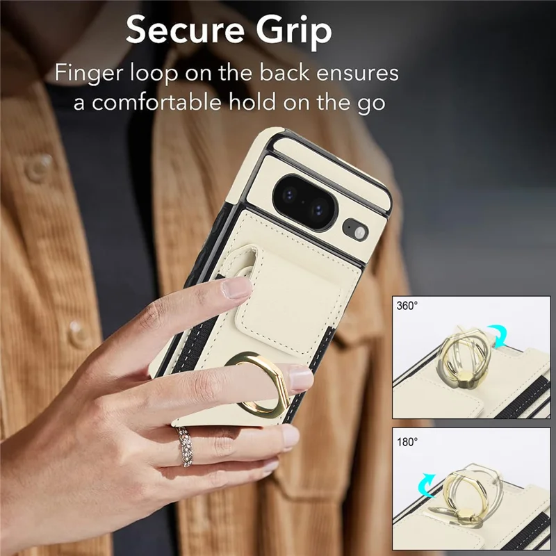 For Google Pixel 8 Case Ring Holder PU Leather+TPU Card Holder Phone Cover - Apricot