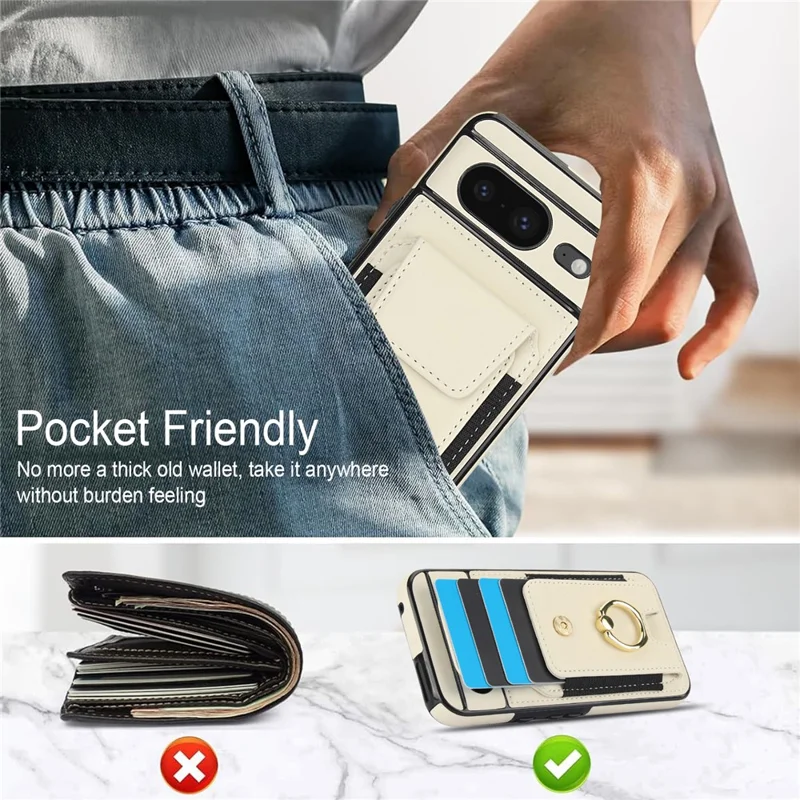 For Google Pixel 8 Case Ring Holder PU Leather+TPU Card Holder Phone Cover - Apricot