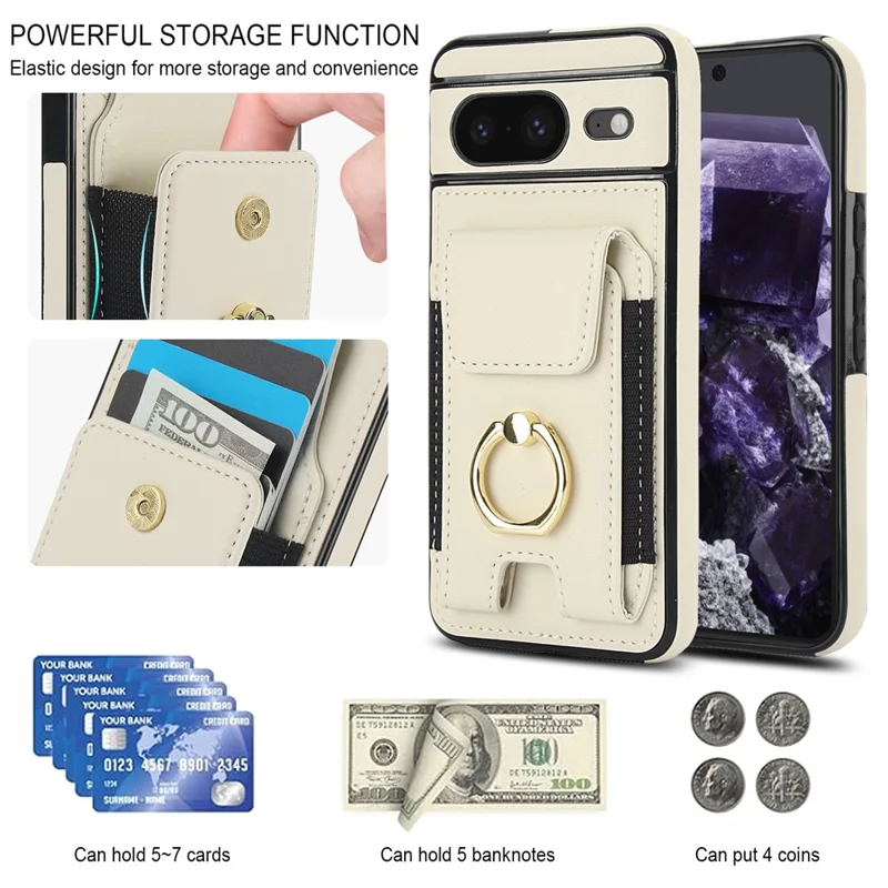 For Google Pixel 8 Case Ring Holder PU Leather+TPU Card Holder Phone Cover - Apricot