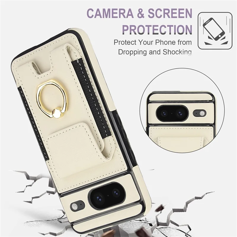 For Google Pixel 8 Case Ring Holder PU Leather+TPU Card Holder Phone Cover - Apricot