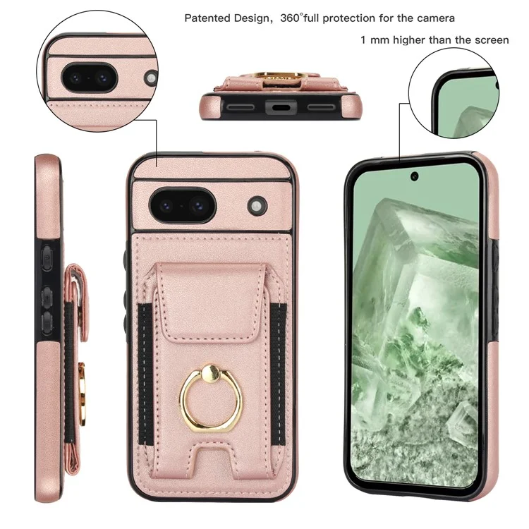 For Google Pixel 8a Kickstand Case PU Leather+TPU Phone Cover with Card Slots - Rose Gold