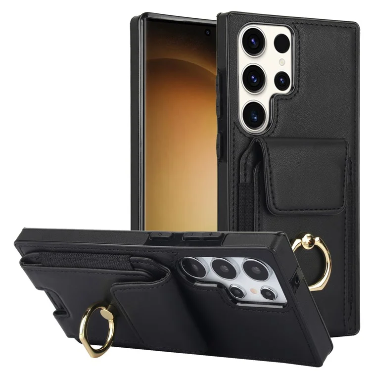 For Samsung Galaxy S23 Ultra Case Leather + TPU Kickstand Card Holder Phone Cover - Black