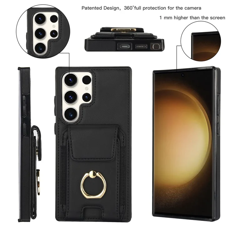 For Samsung Galaxy S23 Ultra Case Leather + TPU Kickstand Card Holder Phone Cover - Black