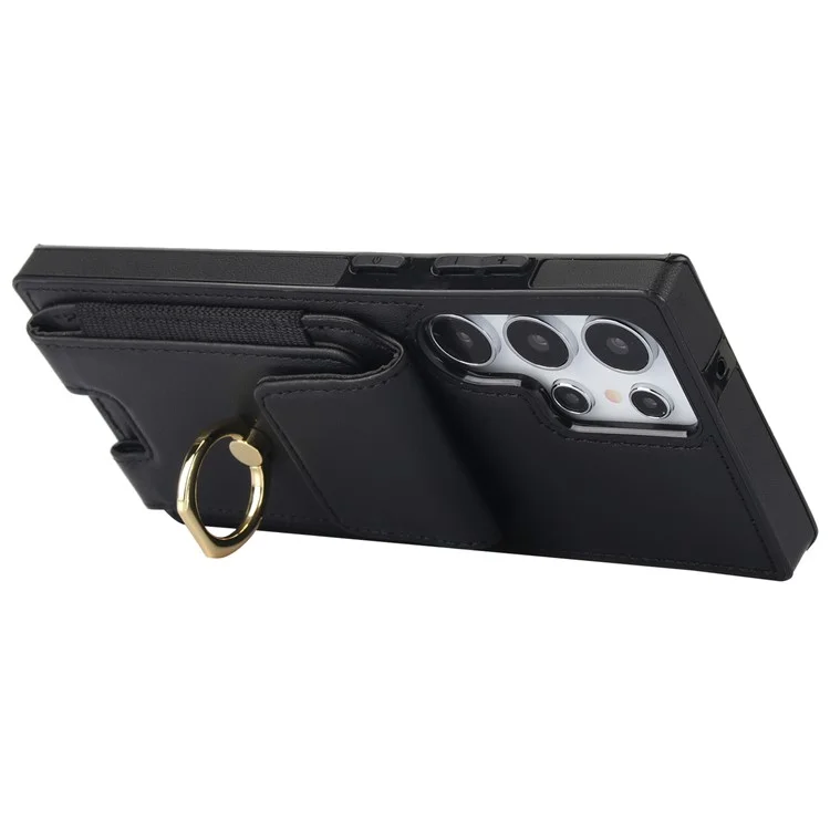 For Samsung Galaxy S23 Ultra Case Leather + TPU Kickstand Card Holder Phone Cover - Black